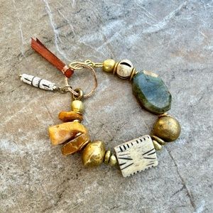 SOLD Tribal Boho Bracelet Baltic Amber, Labradorite, Trade Bone, African Brass
